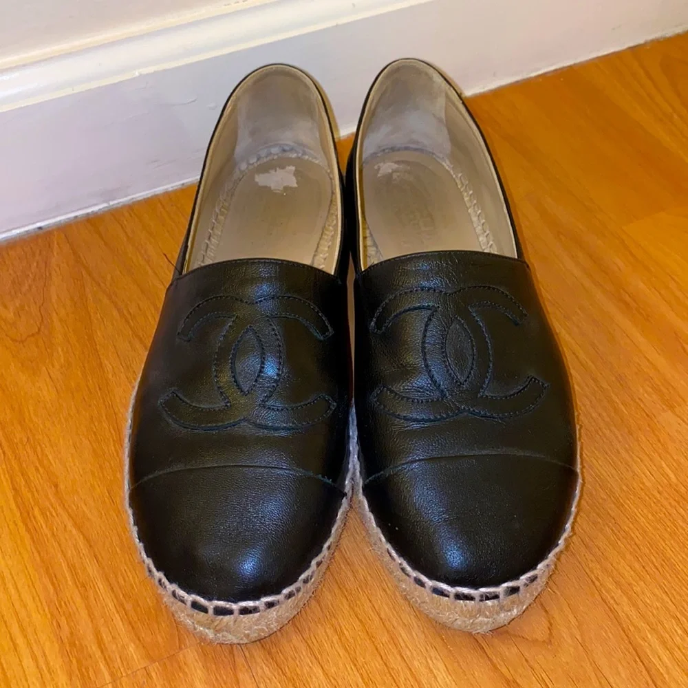 CHANEL Lambskin Espadrilles Black Size 38